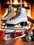 Photo Of Christmas Ice Skates Hanging By A Fire. Generative AI