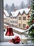 Photo Of Christmas Ornamental Bells On A Snowy Windowsill Beside A Glass Of Milk, Overlooking A Quiet Village Stree. Generative AI