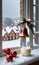 Photo Of Christmas Ornamental Bells On A Snowy Windowsill Beside A Glass Of Milk, Overlooking A Quiet Village Stree. Generative AI