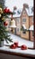 Photo Of Christmas Ornamental Bells On A Snowy Windowsill Beside A Glass Of Milk, Overlooking A Quiet Village Stree. Generative AI