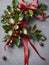 Photo Of Christmas Red Ribbon Tying A Bunch Of Mistletoe. Generative AI