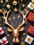 Photo Of Christmas Reindeer Antlers Beside A Pile Of Gifts Wrapped In Golden Stars. Generative AI