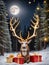 Photo Of Christmas Reindeer Antlers Beside A Pile Of Gifts Wrapped In Golden Stars In A Moonlit Forest Clearing. Generative AI