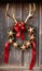 Photo Of Christmas Reindeer Antlers Wrapped With Red Ribbons And Golden Stars, Leaning Against A Barn Door. Generative AI