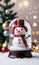 Photo Of Christmas Snowman Wearing A Ribbon Bow Holding A Glass Snow Glob. Generative AI