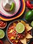 Photo Of Cincodemayo Celebration Concept, Top View Photo Of Nacho Chips Salsa Sauce Chilli Tequila With Salt Lime S. Generative AI