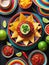 Photo Of Cincodemayo Celebration Concept, Top View Photo Of Nacho Chips Salsa Sauce Chilli Tequila With Salt Lime S. Generative AI