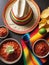 Photo Of Cincodemayo Celebration Concept, Top View Photo Of Nacho Chips Salsa Sauce Chilli Tequila With Salt Lime S. Generative AI