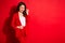 Photo of classy gorgeous lady stand copyspace wear suit isolated over red bright color background