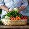 Photo Close up of womans hand placing organic vegetables into bamboo basket