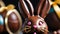 Photo Of A Closeup Of A Chocolate Easter Bunny With A Ribbon. Generative AI