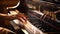 Photo closeup of human hands playing the piano