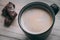 Photo of coffee with foam in a black mug