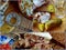 Photo collage Appetizer - Homemade lard with condiments. Fresh bread, a glass of vodka, pickled cucumber. Closeup. Natural food.