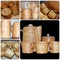 Photo collage cups and kettle of birch bark. Kitchenware. Folk craft of Russia. Retro.