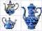 Photo collage of kettles  in Russian traditional Gzhel style on a white isolated background. Gzhel-Russian folk craft of ceramics