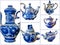 Photo collage of kettles  in Russian traditional Gzhel style on a white isolated background. Gzhel-Russian folk craft of ceramics