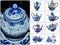 Photo collage of kettles  in Russian traditional Gzhel style on a white isolated background. Gzhel-Russian folk craft of ceramics