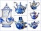 Photo collage of kettles  in Russian traditional Gzhel style on a white isolated background. Gzhel-Russian folk craft of ceramics