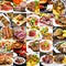 A photo collage of meat dishes of international cuisine