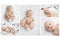 Photo collage Portrait of a funny newborn baby with red kisses on the skin on white background, Valentines day concept. top view