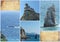 Photo collage rock Sail and Swallow`s nest - Gothic castle over the cliff of the sea, the emblem of the southern coast of Crimea.
