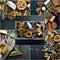 Photo collage of sprats, sandwiches and snacks. top view.