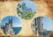 Photo collage Swallow`s nest - Gothic castle over the cliff of the sea, the emblem of the southern coast of Crimea.