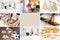 Photo collage, white Christmas ornaments, baking, cookies, stollen, jar candle holders, cinnamon, wood fir trees, reindeer