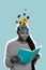 Photo collage of young intelligent academic bookworm girl diary reading encyclopedia brainstorming letters inside head