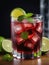 Photo Of Collins Glass Of Red Wine Cocktail Mixed With Ice Cube, Mint Leaves And Lime. Generative AI