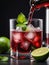 Photo Of Collins Glass Of Red Wine Cocktail Mixed With Ice Cube, Mint Leaves And Lime. Generative AI