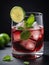 Photo Of Collins Glass Of Red Wine Cocktail Mixed With Ice Cube, Mint Leaves And Lime. Generative AI