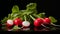 Photo of a colorful arrangement of fresh radishes on a wooden table