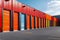 Photo Colorful metal self storage units outside warehouse, industrial rental space