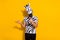 Photo of comedian guy in zebra costume present theme halloween event talk mic isolated over yellow color background