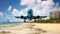 Photo of a commercial jetliner soaring above a picturesque sandy beach