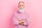 Photo of confident grey hair elder man crossed arms wear pink sweater isolated on pastel color background