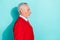Photo of confident retired man wear red three piece suit looking empty space isolated turquoise color background