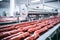 Photo of a conveyor belt filled with hot dogs. industrial production of sausage and meat in a modern plant. Smoking of sausages