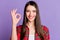 Photo of cool long hairdo young lady show okey sign wear red shirt isolated on violet color background
