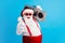 Photo of cool stylish modern white grey hair bearded santa claus listen x-mas christmas music boom box show horned
