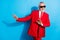 Photo of cool stylish retired man dance move hands toothy smile wear sunglass red tux isolated blue color background