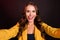 Photo of coquette millennial brunette lady do selfie lick wear yellow jacket isolated on dark color background