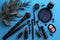 Photo Cosmetic elegance Womens makeup set displayed on a striking blue