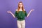 Photo of cozy ginger hair millennial lady rest wear green open shoulders blouse isolated on violet color background