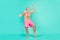 Photo of crazy careless old man dance beach party scream rejoice wear pink shorts isolated turquoise color background
