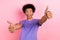 Photo of crazy cheerful glad man wear stylish clothes two hands thumb up nice feedback good job isolated on pink color