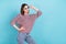 Photo of crazy coquette lady look empty space wear sunglass knitted sweater isolated blue color background