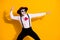 Photo of creepy funky zombie creature posing dancing latino spanish dance festival guy wear white shirt rose death